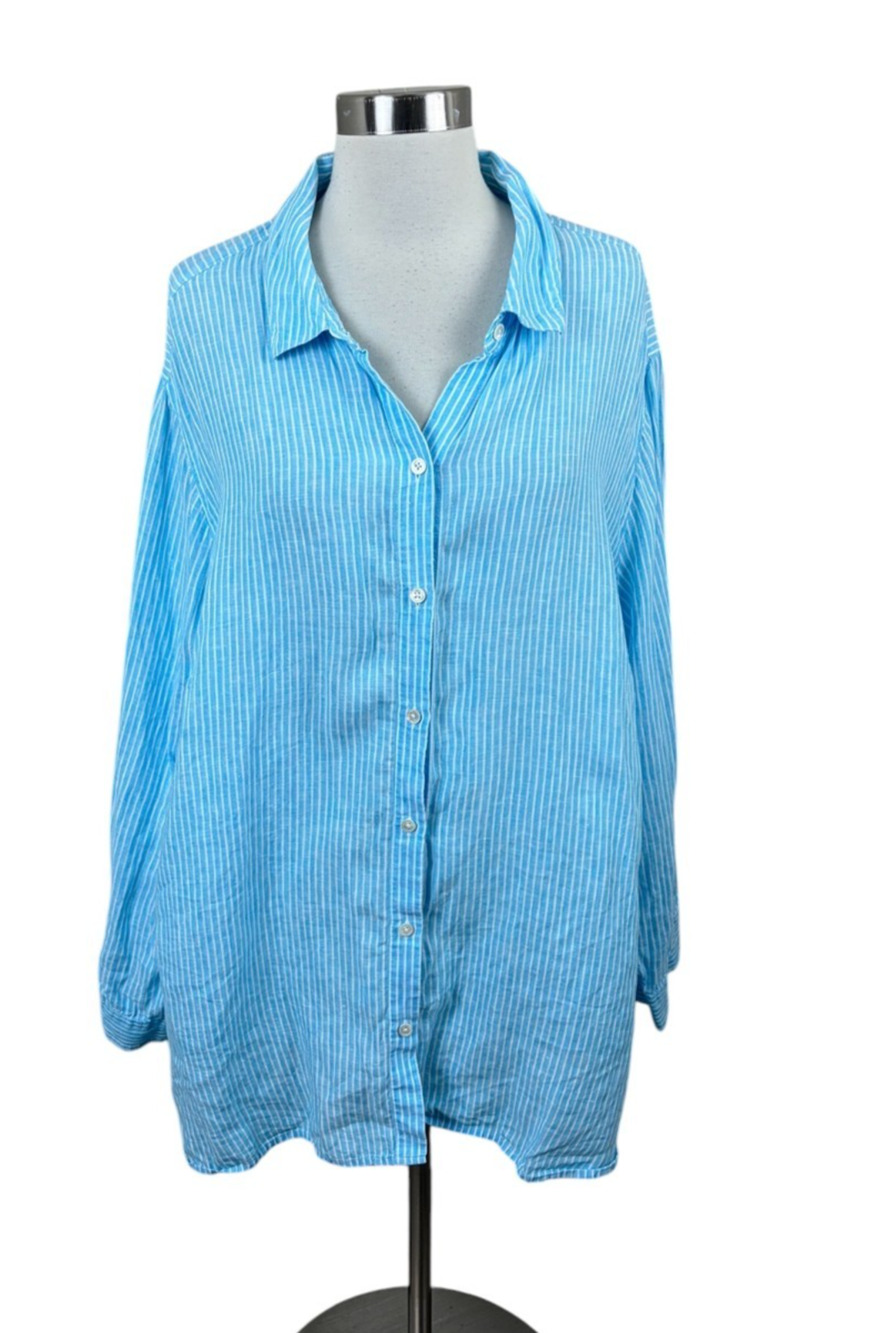 J. Jill Love Linen Blue White Stripe Shirt 3X Beachy Coastal